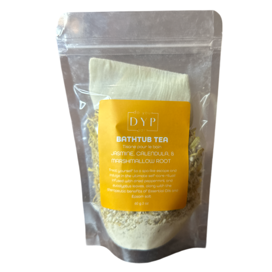 Bath tub tea package with yellow label on a white background