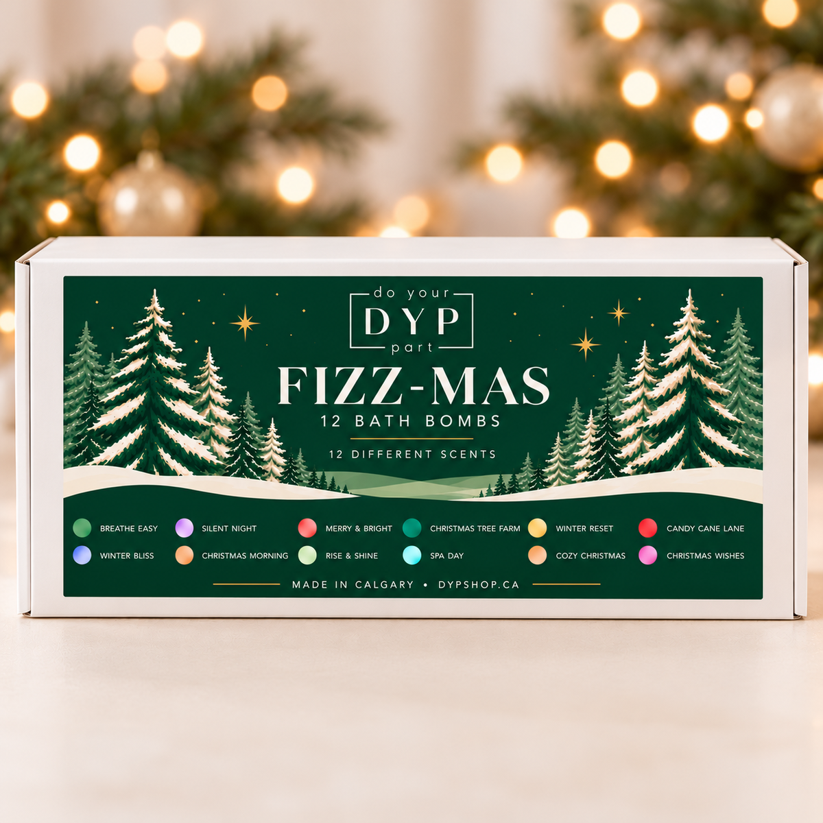 DYP 12 Days of Fizz-mas bath bomb gift box with 12 essential oil scents