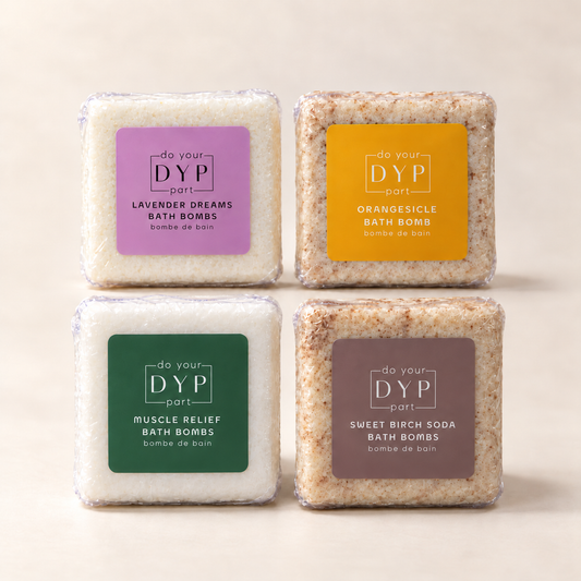 DYP natural bath bombs in Lavender Dreams, Orangesicle, Muscle Relief and Sweet Birch Soda