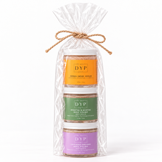 DYP Body Scrub Trio Gift Set – Neroli, Breathe & Soothe and Lavender Dreams body scrubs in a gift bag